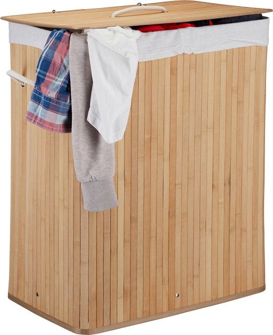 Relaxdays Wasbox - 95 Liter - Bamboe - 2 Vakken - Opvouwbaar - Met Deksel - Naturel