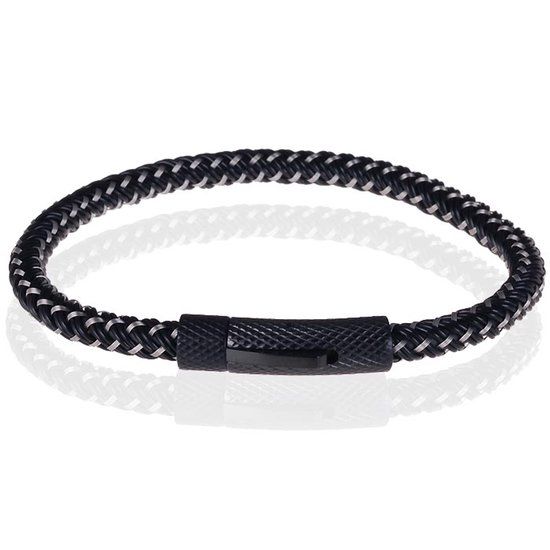 TJ Tom Jaxon Tom Jaxon Heren armband geweven leer met Edelstaal Zwart-19cm