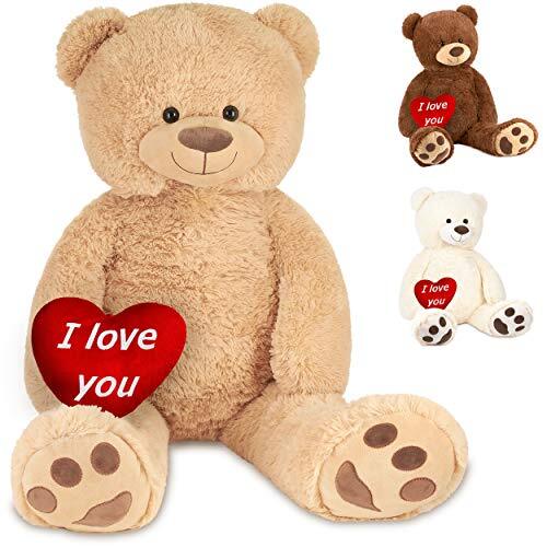 BRUBAKER XXL Teddybeer 100 cm Beige met een I Love You Hart Knuffeldier Pluche Knuffel