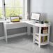 Mondeer – Bureau d'angle en L 140 x 130 x 72 cm – MDF blanc – Grand espace de travail pour plusieurs moniteurs – Armoire latérale intégrée