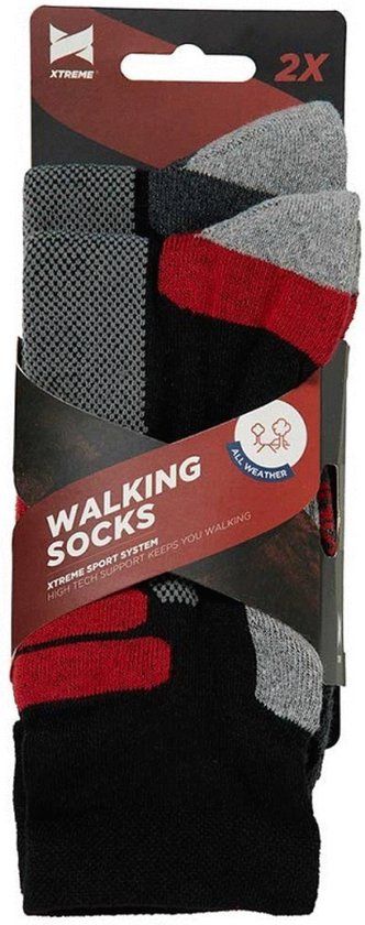 Xtreme Walking Socks 2-Pack Black/Red - Size 39/42 - Moisture Wicking - Unisex