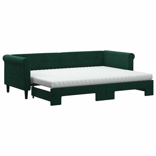 vidaXL Slaapbank met onderschuifbed en matrassen, fluweel, donkergroen, 80x200cm