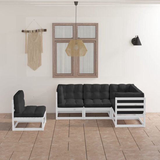 The Living Store Loungeset - Grenenhout - Wit - 70x70x67 cm - Antraciete kussens