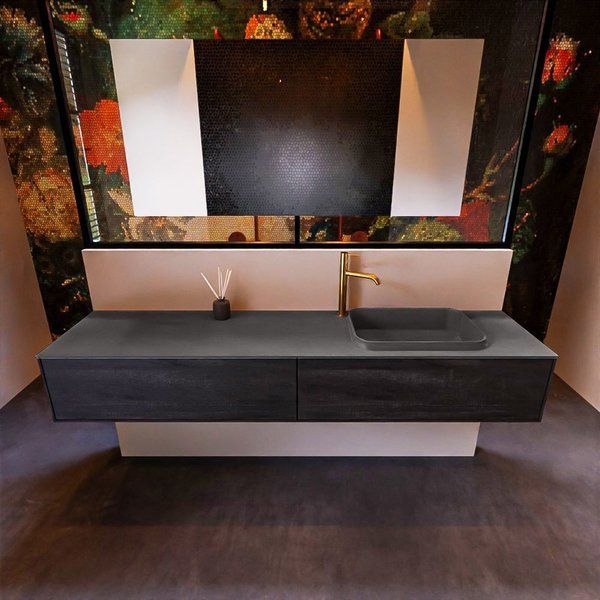 Mondiaz ERIN 200cm badmeubelset Dark brown met 2 lades + Wastafel RIDGE rechts Dark grey