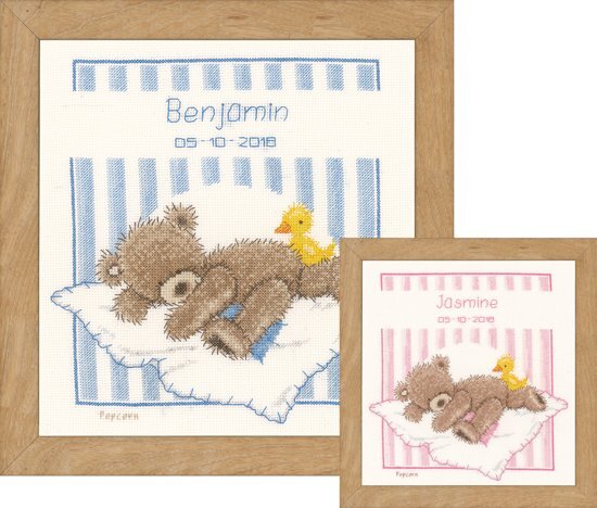 Vervaco borduurpakket PN0148181 popcorn bear, geboorte (incl. blauw/rose garen)