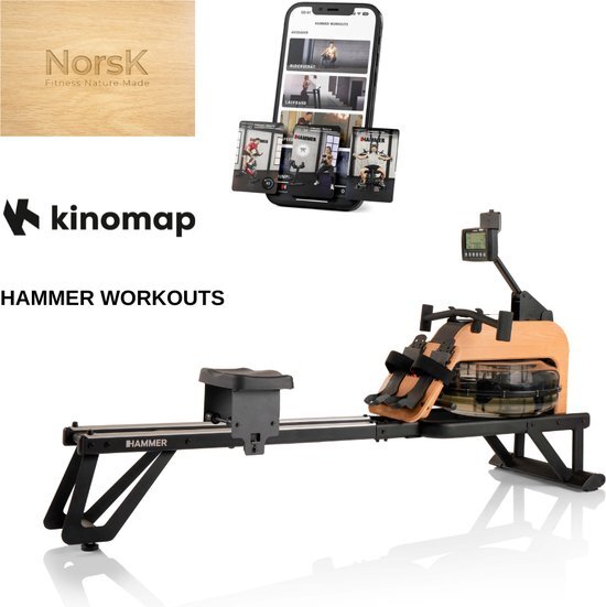 Hammer Fitness RowFlow 5.0 NorsK - Roeitrainer - Waterweerstand - met Hammer Workouts en Kinomap - Hardhout