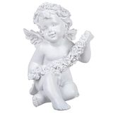 Out of the blue Zittende Engel met Rozenbloesemkrans-decoratie en Rozenslinger, Wit, 15 x 10 cm