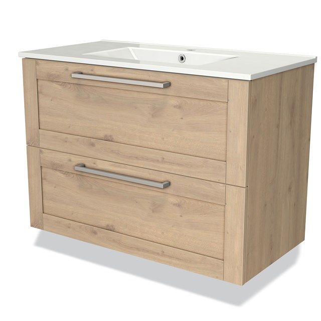 Maxaro Badkamermeubel 90cm Modulo Lichtbruin Eiken 2 Lades Lamel Wastafel Keramiek