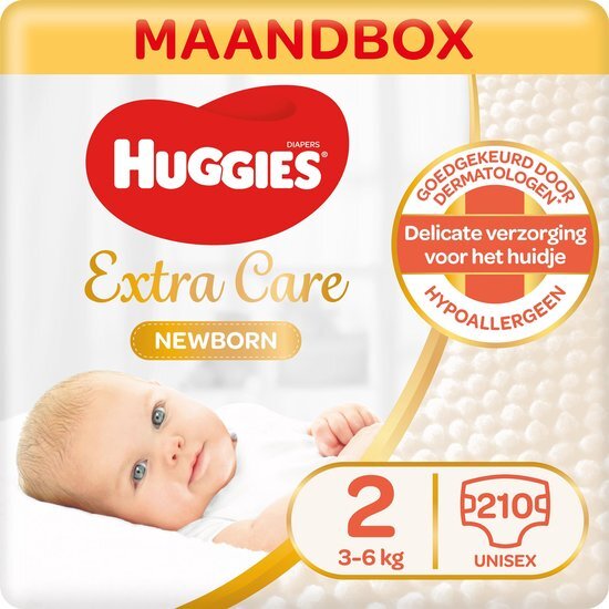 Huggies Ultra Comfort Newborn Maat 2 Luiers - 3 tot 6 kg - Maandbox - 210 stuks Nieuwe Newborn luiers met zachte kussentjes die direct het vocht absorberen