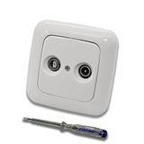 Busch JÄGER Complete set antennecontactdoos universeel 2-gaats doorgangsdoos frequentiebereik 5-2400 MHz radio/TV/SAT (**) WISI, ReflexSi alpinewit, 2 aansluitingen + EBROM fasetester voor montage