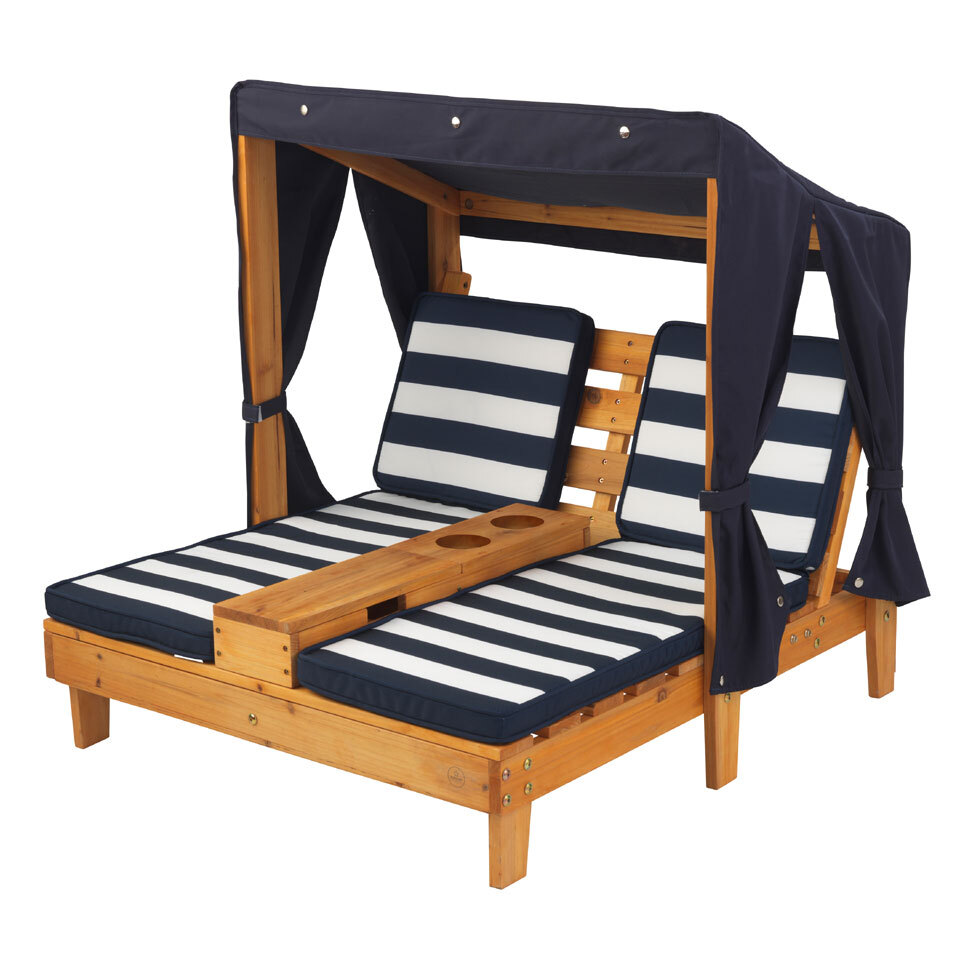 KidKraft ® Tweepersoons chaise longue met bekerhouders - honingkleur met blauwe en witte strepen