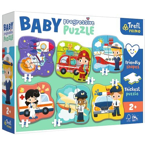 Trefl Primo - Competities en voertuigen, Puzzle Baby Progressive - 6 grote vormpuzzels, van 2 tot 6 elementen, dikste karton, grote elementen, vriendelijke puzzelvorm, leuk voor kinderen vanaf 2 jaar