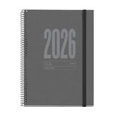 Miquelrius Duurzame dagplanner 2026, vergelijkbaar met A5+ (155 x 213 mm), dagplanner, omslag van gerecycled karton, 100 g/m² gerecycled papier, rubberen sluiting, ES-EN-PT, grafiet