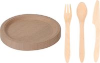Duni Benelux B.V. Houten verjaardag bestek voor 60x personen set en 60x Duurzame papieren taart/hapjes bordjes 23 cm