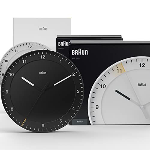 Braun Wall Clock New Home Housewarming Gift Bundle for Men & Women with Silent Sweep Movement, Easy To Read, 30cm Diameter in Black + White, model BC17B, BC17W (2 Pack)