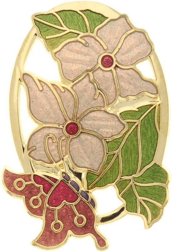 Behave® Broche bloemen en vlinder gekleurd - emaille sierspeld - dames