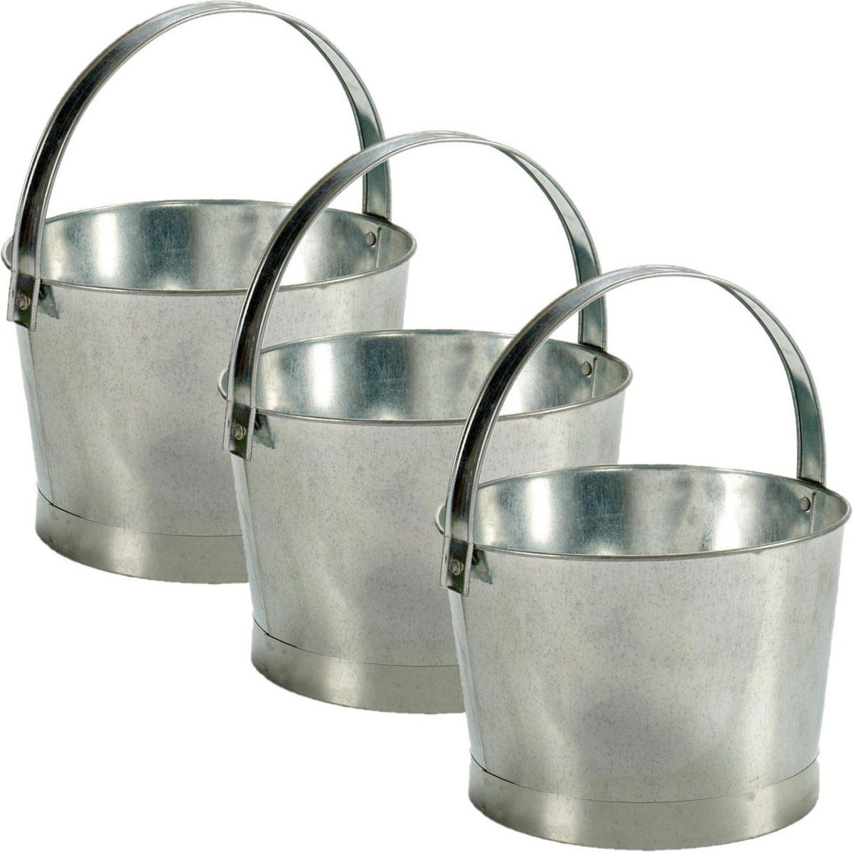 Ibergarden Set van 3x bloempotten/plantenbakken zinken mand rond met handvat 27 x 25 x 17 cm
