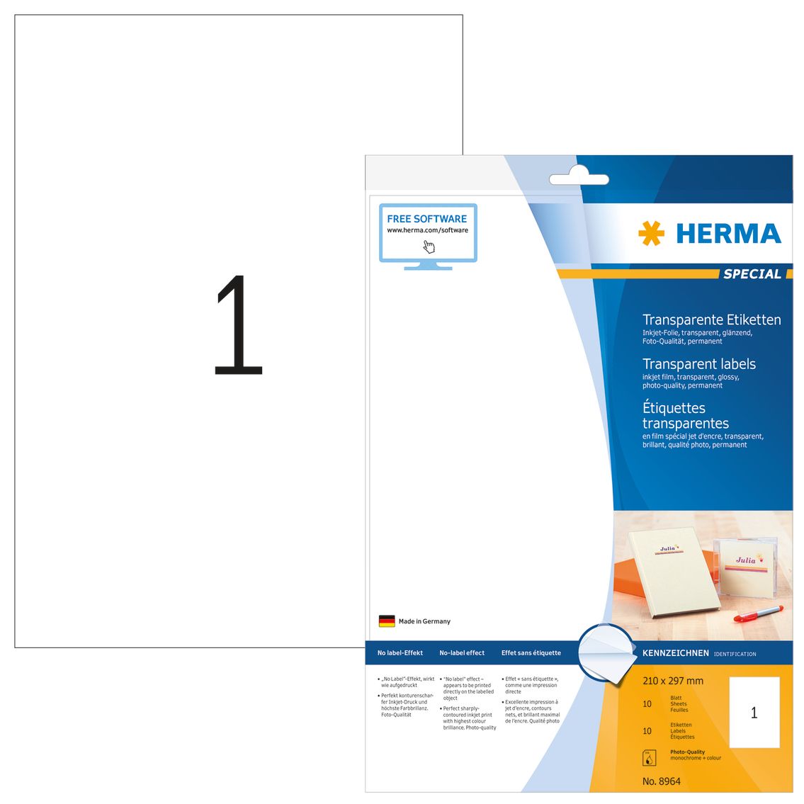 HERMA A4 Zelfklevende printerlabel - Transparant - Inkjet - 21x29.7cm - 10 stuks