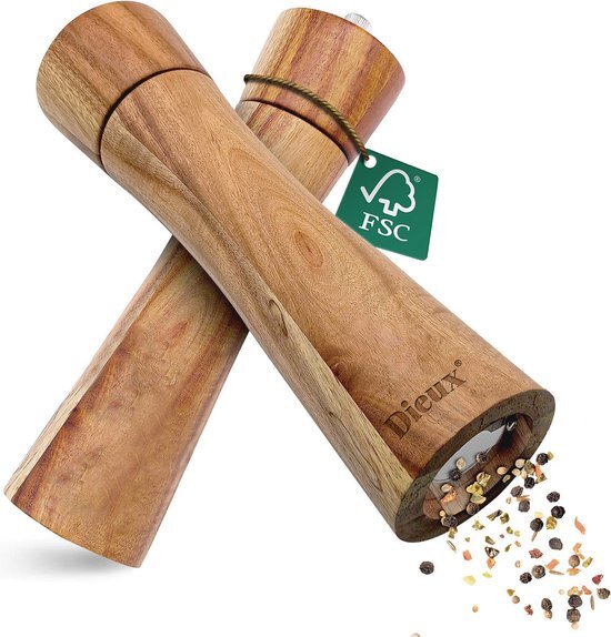 Dieux - Pepermolen en Zoutmolen set - Zout peper kruiden - 2 stuks - Acacia hout - Instelbare maalgraad - Duurzaam - Luxe kwaliteit - Hervulbaar