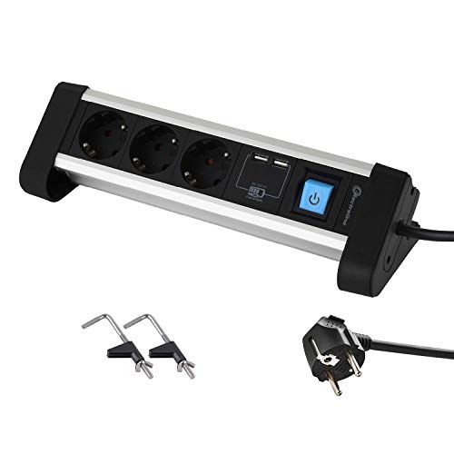 Electraline 62553 Stekkerdoos voor werktafel - 3 geaarde stopcontacten + 2 USB - 2m - Metaal
