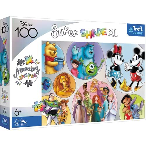 Trefl Junior - Disney, Kleurrijke Disney World - Puzzle 160 XL Super Shape - Gekke Puzzelvorm, Grote Elementen, Puzzels Met Helden van Iconische Disney-Sprookjes, Leuk voor Kinderen Vanaf 6 Jaar