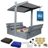 KOTARBAU® Houten Zandbak - 100 x 100 cm - Grijs - Zandbak met Bankjes - met Grijs Dak - en Grondzeil - voor Tuin - Buitenspeelgoed