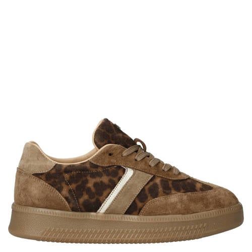 Babouche Yessy-216 suède sneakers met panterprint - cognac/zwart