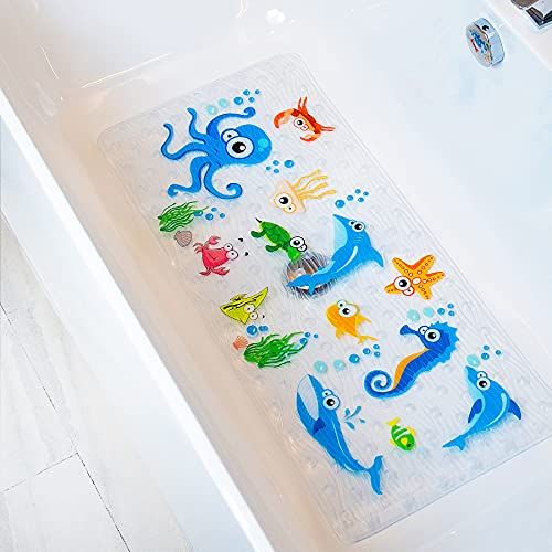 BEEHOMEE Badmatten voor bad - grote cartoon antislip badkamer badmat antislip douchematten voor vloer 89* 40 cm, machine wasbaar XL size badkamermatten (blauw-Octopus ZY)
