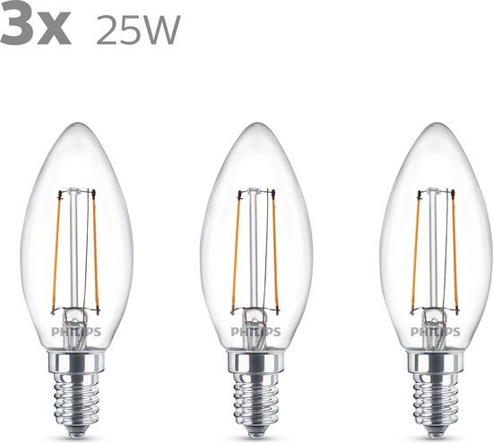 Philips LED Kaars Transparant - E14 - 2W - Warm Wit Licht - 3 stuks