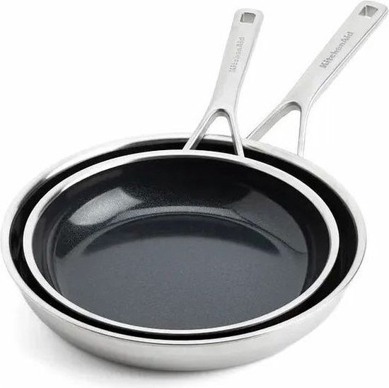 KitchenAid Multi-Ply RVS Non-Stick 24cm & 28cm Koekenpan Set, Zilver