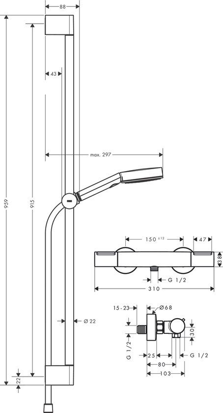 Hansgrohe Pulsify Select S - Doucheset met thermostaat, 3 jets, EcoSmart, mat zwart 24271670
