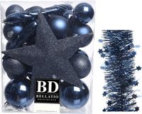 Decoris Kerstversiering kunststof kerstballen 5-6-8 cm - ster piek - sterren slingers - donkerblauw 35x stuks