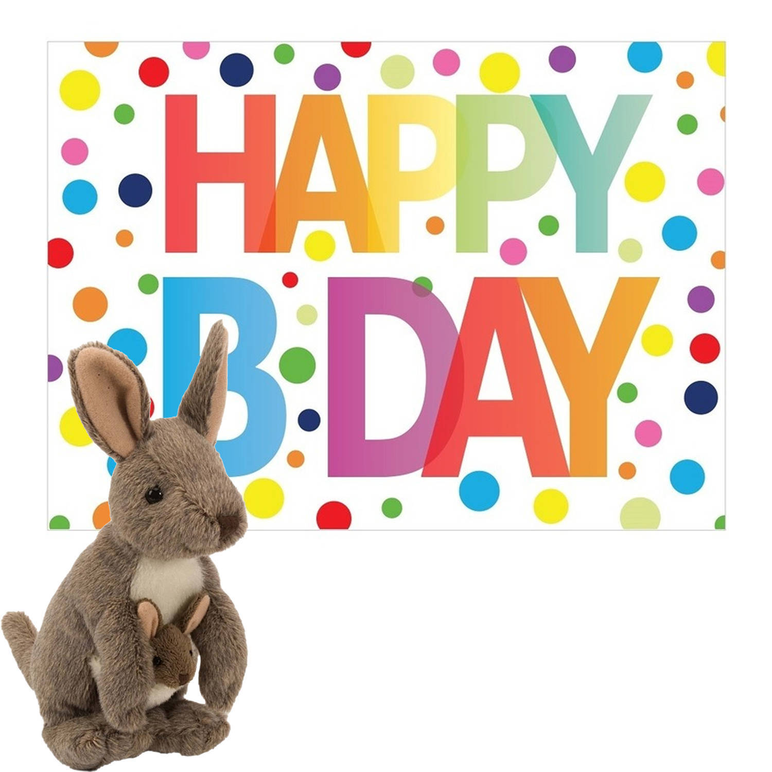 Wild Republic pluche dieren knuffel kangoeroe 20 cm met happy birthday wenskaart - knuffeldier