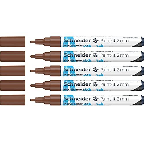 Schneider Paint-It Acrylstiften (met 2 mm ronde punt, hoogdekkende acrylverf voor hout, canvas, steen en nog veel meer.) 5-pack, bruin