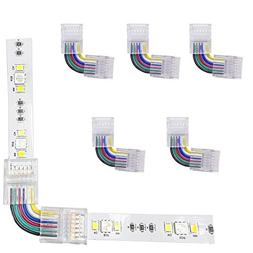 ENQIMAOYI 5 stuks 6 pins L Shape Solderless Connector LED Strip Light, RGBWW 12 mm rechte hoek hoek solderless aansluiting voor SMD 5050 RGBCCT LED Strip