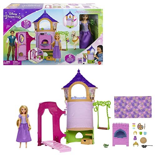 Disney Princess Disney Prinses Speelgoed, Rapunzel, beweegbare pop, en Toren, speelset met speelpret rondom, 6 speelplekken en 15 accessoires, geïnspireerd op de Disney film, HMV99
