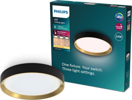 Philips Hanno LED Plafondlamp - 24W - Zwart/Goud - SceneSwitch - Warm Wit Licht - Ø38.4cm
