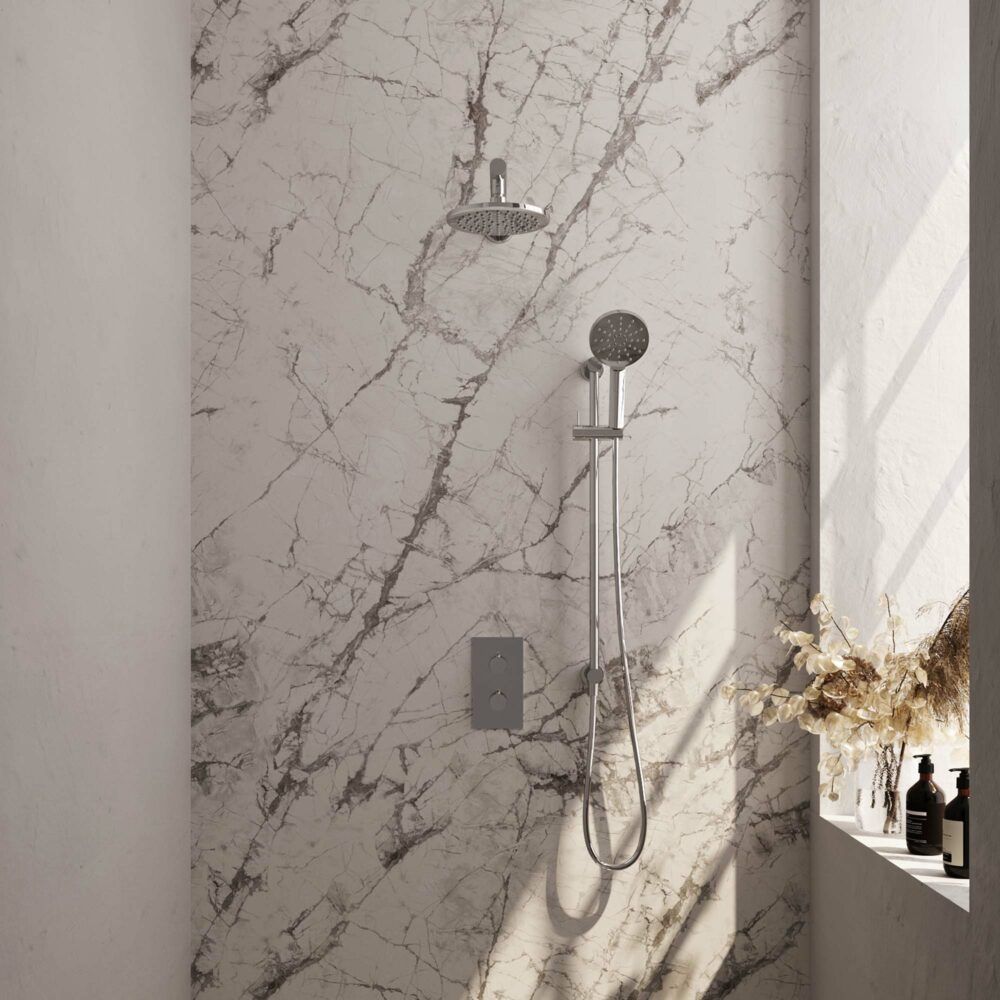 Brauer Chrome Carving thermostatische inbouw regendoucheset met 2-weg omstel 40cm rechte wandarm met 20cm ronde hoofddouche 3 standen ronde handdouche 150cm gladde doucheslang met glijstang en handdouchehouder Chroom 5-CE-139