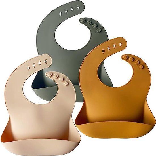 Moonkie Siliconen Baby Slabbetjes, 3-Pak Baby Voedingsslabbetjes, BPA Vrij, Zacht en Comfortabel, Aanpasbare Maat, Baby en Kinderen Slabbetjes(Crème/Aardgeel/Olijfgroen)