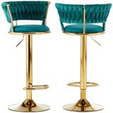 BAKAJI Set van 2 fluwelen keukenkrukken met gevlochten rugleuning en verstelbare hoogte, barstoelen, restaurant, roterend gouden frame met voetsteun, modern design (groen)