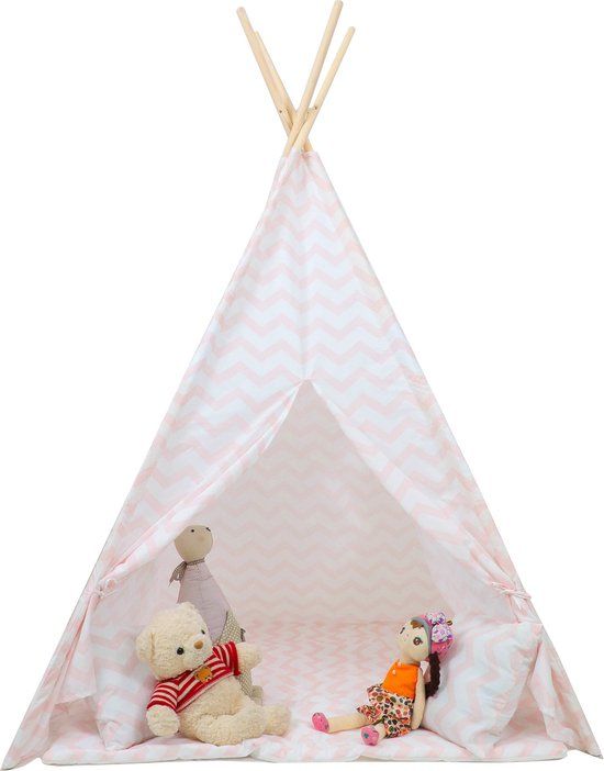 Viking Choice Tipi tent - speeltent - roze zigzag - met vloermat en kussens - 120x120x160cm - Katoen - Vanaf 1 jaar