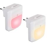 BAKAJI Nachtlampje voor kinderen met schemeringssensor, set van 2 stuks met 6 leds, energiebesparend, 3 functies, licht, warmwit, koudwit, RGB, kleurverandering, dimbaar, kinderkamerverlichting