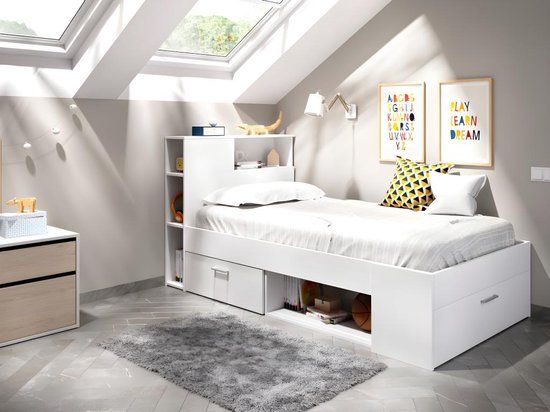 Merkloos Wit eenpersoonsbed 90x190 cm met opbergruimte en lade - LEANDRE