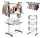 Étendage à linge pliable - modèle tour - 3 supports à chaussettes - 2 ailes latérales pivotantes - rotatif à 360° - équipé de roulettes - fabriqué en acier au carbone - gris clair