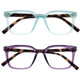OPULIZE KOI Leesbrillen 2-Pack - Groot Rechthoekig Montuur - Paars-Aqua - Heren Dames - Veerscharnieren - RR50-5Q - +2.00