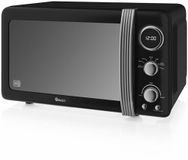 Swan Retro SM22030LBNEU Digitale magnetron, 20 l, 5 standen, ontdooifunctie, timer 60 minuten, spiegeldeur, draaiplateau 27 cm, vintage design, zwart, 800 W