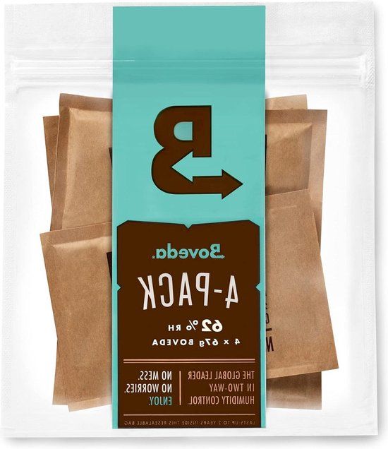 Boveda 62% RV 2-way vochtregeling | Maat 67 voor 450 gram bloemen | Voorkom terpeenverlies | Hersluitbare zak met 4 stuks Cigar case