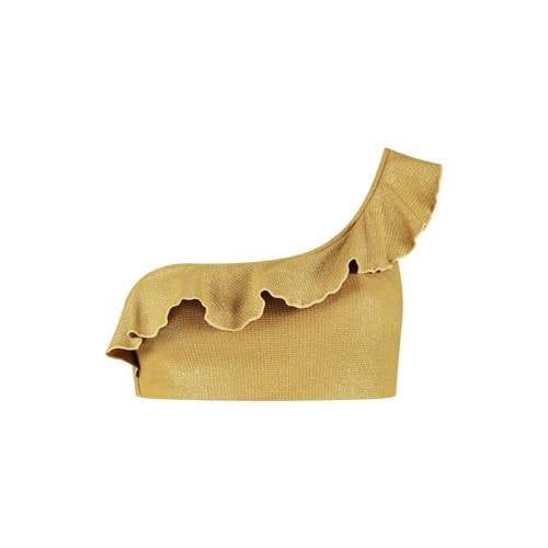 Cyell Golden Hour niet-voorgevormde one shoulder bikinitop met ruches en lurex goud
