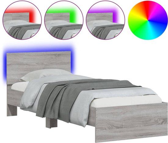 vidaXL Bedframe met hoofdbord en LED, grijs sonoma eikenkleur, 90x200 cm