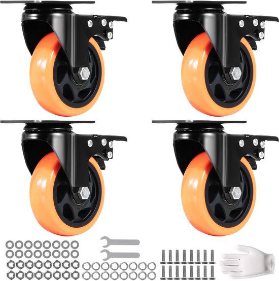Vevor Meubelwielen Set van 4 Zwenkwielen PVC 101,6 Mm Wielen 635 Kg Draagvermogen Transportwielen met A/B-Rem Bakwielen 360° Draaibaar Zware Wielen voor Huizen Kantoren Studio'S Fabrieken